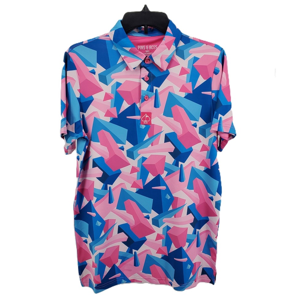 Pins & Aces Mens Small Floating Geo Golf Polo Shirt Dodger Blue Pink Stretch New